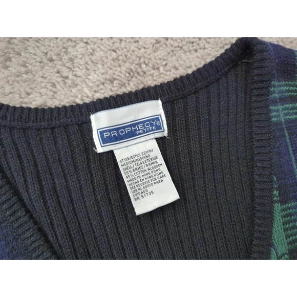Prophecy Vest Sweater Womens M PETITES Green Plaid Button Up Made in Hong Kong - Picture 2 of 6